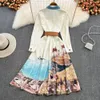 High Class Goddess Style Print A-line Dress Light Temperament Slim Waist Sleeves Lapel Big Hem Long Skirt