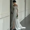 Korean Boho Lace And Satin A-Line Wedding Dress Sexy Spaghetti Side Split Long Sleeves Elegant Bridal Gowns Simple Corset Ivory Robe De Mariee 2023