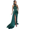 2023 Sexy Mermaid Prom Dresses Emerald Green Halter Plus Size Arabic Crystal Beads Side Split Satin Evening Formal Party Dress