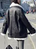 Damesleer Ailegogo Autumn Winter Winter Vrouwen Faux Fur Black Wit Jacket met riem Moto Biker Loose Turndown Collar Coat Outdowar