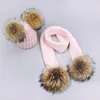Hats Scarves Gloves Sets Parent-Child Caps Cute Infant Baby Pompon Winter Hat Scarf Real Natural Fur Ball Mother Kids Warm Knitted Beanies