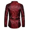 Men's Casual Shirts Men's Stylish Wine Red Paisley Jacquard Dress Men Stand Collar Wedding Club Party Social Shirt Male