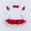 Noel Bebek Tutu Elbise Romper Giyim Seti Ren Geyiği Antler Kulak Tasarım Büzülme Yay Head Band Bacak Isıtıcıları Ayakkabı 4 PCS/SET Yenidoğan Parti Kıyafetleri M4211