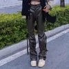 Women's Pants Solid Color Mid Waist Leather Trousers Spring Fall Trendy Chic Style Strap Bandage Casual Female Regular Cargo