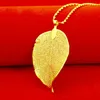 ペンダントネックレスユニークな本物の葉の静脈ネックレスイエローゴールド充填男性女性首チェーン中空植物ギフト