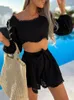 Women's Tracksuits Casual Ladies Seaside 2-piece Sets 2022 Summer Fashion Square Collar Long-sleeve Short Tops Lace Up Loose Shorts Women