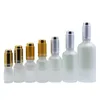 Bouteille rechargeable en verre rond blanc givré, couvercle compte-gouttes à pression en argent doré, emballage cosmétique vide, flacons de parfum d'huile essentielle 5ml 10ml 15ml 20ml 30ml 50ml 100ml