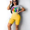 Women's Two Piece Pants Lips Tie Dye Women 2PCS Short Sleeve T Shirt Tops Biker Workout High Waist Shorts Tracksuit Sports Outfit Set