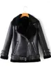 Couro feminino Ailegogo Autumn Winter Women Faux Fur Black White Jacket com Belt Moto Biker Logo Turndown Casat Outwear