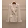 Women's turn down collar white color medium long tweed woolen blazer suit coat plus size SML