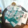 New Lady style children plaid clothes sets kids lapel long sleeve cardigan skirt autumn girls lattice princess outfits