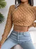 Kvinnors tröjor stickade tröja Kvinnor 3D Diamond Pullovers Kvinnliga fasta långa ärmar Öppen navel damer chic korthoppare pull femme