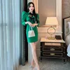 Casual Dresses Sheer Corset Mini Long Puff Sleeve Dress for Women Party Night Wrap Bodycon Green Ladies With Bow Korean Slim Lady