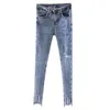 Kvinnors jeans kvinnor trendiga pennbyxor sand tvättade hög midja elastisk sträcka denim mager leggings koreanska fickan chic jegings m483