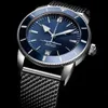 Nytt klassiskt mesh stålband super-ocean mens klockor 44 mm full blå urtavla automatisk mekanisk klockmänne armbandsur