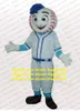 Söt vit basebollman Mascot Costume Mascotte HorseHide Tennis Ball Tenis Ball med Big Round Head Blue Hat No.526