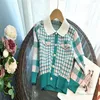 New Lady style children plaid clothes sets kids lapel long sleeve cardigan skirt autumn girls lattice princess outfits