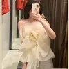 Women's Blouses Runway Women Sweet Floral Strapless Organza Summer Elasticity Sexy Off Shoulder Sleeveless Vest Mesh Shirt Short Tops