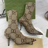 Femmes G Tricoté Cheville Bottes Élastique Chaussette Botte Diamant Grille Talons Hauts Chaussettes À Talons De Mode Sexy Designer Alphabétique Dame Lettre Épais Chaussures