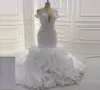 Luxe zeemeermin trouwjurken 2022 Ruffles trein kralen pailletten plus size bruidsjurken van de schoudervestido de noiva African