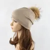 Inverno Autunno Pom Pom Berretti Cappello Donna Lana lavorata a maglia Skullies Berretto casual Vera pelliccia di procione Cappelli con pompon WLL1759