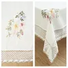 Table Cloth Flowers Pattern Cotton Linen Tablecloth With Hollow Lace Dustproof TV Cabinet Wedding Banquet Decorate Cover