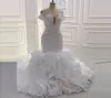 Luxe zeemeermin trouwjurken 2022 Ruffles trein kralen pailletten plus size bruidsjurken van de schoudervestido de noiva African