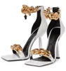 2022 Sandali Sandals Buty wysokie obcasy imprezowe pompki ślubne Summer luksusowy złoty łańcuch zapakowany w kostkę