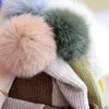 Bonnet tricoté pour femmes d'hiver véritable fourrure de renard Pom Pom laine bonnets chaud en plein air ski bonnet casquette dame Skullies dôme chapeaux