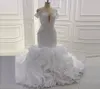 Luxe zeemeermin trouwjurken 2022 Ruffles trein kralen pailletten plus size bruidsjurken van de schoudervestido de noiva African