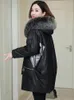 Women's Leather 90% White Duck Down Real Sheepskin Jacket Women Fur Collar Hooded Coat Female Oversized Women's Jackets Ropa Zjt1257