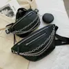 سلسلة Fanny Pack Women Black Leather Leather Bag Back Chest Cack Package Lady 2-in-1 الكتف Crossbody Bag Bags 220627