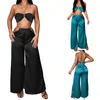 Pantalon Deux Pièces Femme Été Assorti Ensemble Sexy Couleur Unie Chaîne Dos Nu Tube Tops Taille Haute Jambe Large Pantalon Costume 2 pièces