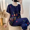 Women's Two Piece Pants 2022 Summer Women Cotton Linen Short Sleeve Set Large Size Middle-aged Mother Floral Print Clothes Two-piece Suit