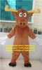 Cute Brown Moose Alces Elk Mascot Costume Mascotte Reindeer Caribou Deer Adult With Long Yellow Horns Big Eyes No.1074