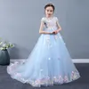 Elegant Flower Girls Dresses For Weddings Jewel Neck Long Train Lace Appliques Party Birthday Children Communion Girl Pageant Gowns 403