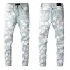 Skinny Jeans för man Byxor Designer Jeans Grå Rip Denim Biker Paint Distress Byxa Bone Slim Fit Stretch Motorcykel Star Halloween Hip Hop Straight Streetwear