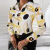 Women's Blouses Europese en Amerikaanse dames herfst-Slelling met lange mouwen revers met één rijs slanke retro bedrukt licht gekookt shirt