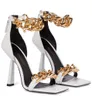 2022 Sandali Sandals Buty wysokie obcasy imprezowe pompki ślubne Summer luksusowy złoty łańcuch zapakowany w kostkę