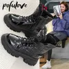 Pofulove Boots Platform Shoes Women Plush Warm Fur Ankle Booties Black White Leather Waterproof Snow Sneakers Botas L221018
