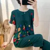 Women's Two Piece Pants 2022 Summer Women Cotton Linen Short Sleeve Set Large Size Middle-aged Mother Floral Print Clothes Two-piece Suit