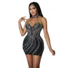 Casual Dresses LFRVZ 2022 Luxury Designer Black Young Sexy Club Diamonds Flaring Halter Off Shoulder High Waist Women Short Skinny Dress