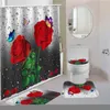 シャワーカーテンレッドローズフラワーバタフライ防水カーテンセットノンスリップマットラグカーペットトイレトイレットシート入り込み浴室の装飾
