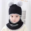 Cappelli Inverno Bambino con palline di pompon Cappello all'uncinetto Sciarpa con cappuccio Cappellini per bambini Colletto Autunno Bambini