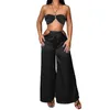 Pantalon Deux Pièces Femme Été Assorti Ensemble Sexy Couleur Unie Chaîne Dos Nu Tube Tops Taille Haute Jambe Large Pantalon Costume 2 pièces