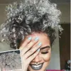 Curly Wave Pixie Silver Grey Ponytail Bun Afro Kinky Puff -dragskurklipp i grått hårförlängning Kvinnor Hårstycke 120G