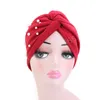 Cappello Turbante in cotone per le donne Torsione Avvolgere la testa Perle Volant Pieghe Cappello indiano musulmano Casual Hijab in rilievo elastico vintage Cappellini per la cura dei capelli