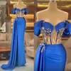 Robe de soirée sirène bleue coupe-bas sexy avec appliques en cristal sur l'épaule robes de mariée côté balayage train robes de soirée