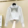 Kvinnors blusar Rhinestone Pearls Shirt Woman Collar Pleated Slimming Long Sleeve Blue Top 2022 Spring and Autumn Office Ladies Blusaas