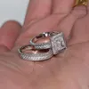 Bagues de mariage taille 5-10, bijoux de luxe, or blanc 14kt, coupe princesse transparente, zircone 5A, ensemble de bagues de mariée pour Couple, cadeau